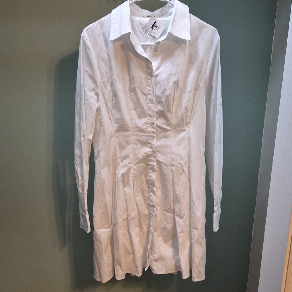 White Pleated Button-Up Shirt Dress